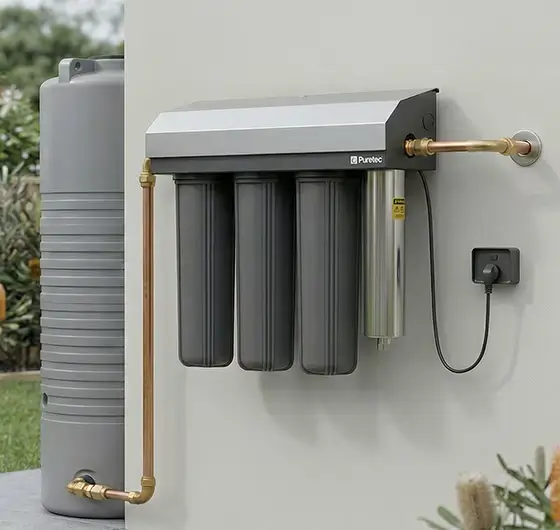 Puretec Hybrid rainwater filter with UV beside a rainwater tank